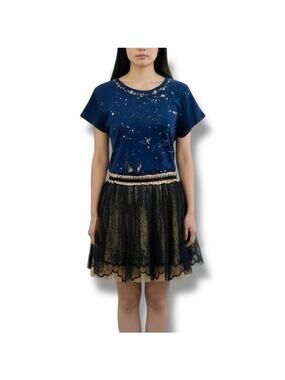 Derhy Size S Blue Wool Beaded Metallic Accents Organza Skirt Dress Artsy Fairy